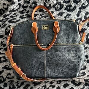 Dooney & Bourke Black and Tan Satchel with Gold Hardware